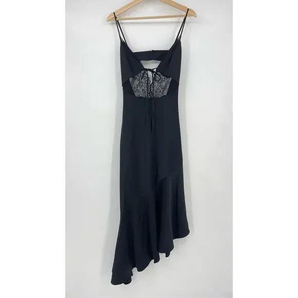 NBDBrigitta Midi Dress in Black Satin Lace Asymmetrical Slip S